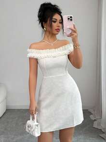 Elenzga Women's Elegant Embossed Jacquard Off Shoulder Cinched Waist A-Line Short Dress - Apricot - View 1