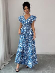 Elenzga 女士新款时尚优雅度假风蓝色碎花V领荷叶袖腰部设计A字长裙，适合通勤、街头风、法式浪漫风、休闲风、中东复古风、下午茶、派对、感恩节、返校季、春夏穿着。 - 藍色 - 查看 6