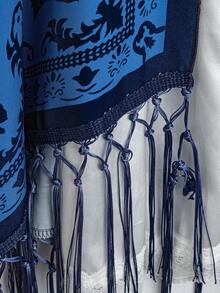 Rusticease 大码女式夏季花卉印花流苏拼布和服 - 藍色 - 查看 7