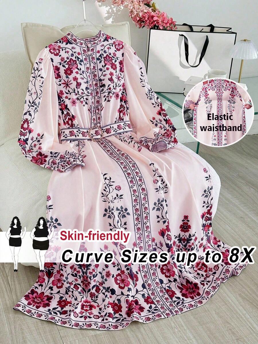 SHEIN CURVE+ Curve 尺码 US22 音乐节、海滨度假、波西米亚风女士花卉印花灯笼袖纽扣设计优雅连衣裙 - 粉色 - 查看 1