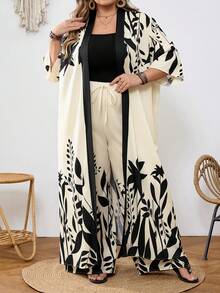 SHEIN CURVE+ Curve 尺码 US22 音乐节、海滨度假、波西米亚风印花两件套外套和裤子，度假沙滩装 - 黑與白 - 查看 3