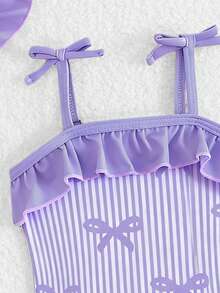 新生女童连体泳衣，细肩带蝴蝶结装饰泳衣，针织涤纶数码印花蝴蝶结图案泳衣，附赠帽子，可爱海边泳衣，适合新生女童 - 紫色 - 查看 4