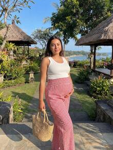 Modmama Plaid Print Casual Versatile Maternity Wide Leg Pants - Red - View 4