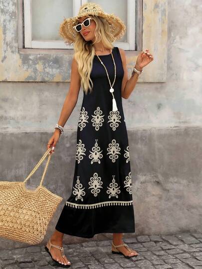 Brillora Casual Elegant Women's Black & White Geometric Retro Pattern Round Neck Loose Long Dress - Bohemian Chic Summer Vacation Dress , Tropical Island Wedding, Anniversary, Bridesmaid Party, Date Night, We