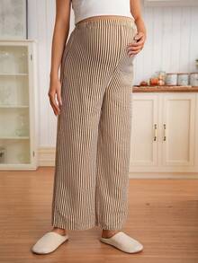 SHEIN 孕妇可调节腰围宽松条纹裤 - 巧克力棕 - 查看 1
