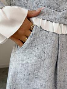 Elenzga Blue & White Patchwork Sleeveless Jacket With Button Pockets, Elegant Casual Commuter Dress - Blue - View 3