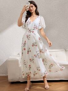 Rafferiza 女士夏季法式优雅休闲设计薄纱雪纺印花V领荷叶袖系带修身长款休闲连衣裙 - 杏色 - 查看 5