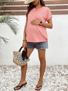 SHEIN Maternity Heart Embroidery Round Neck Short Sleeve Nursing T-Shirt - Pink - View 4