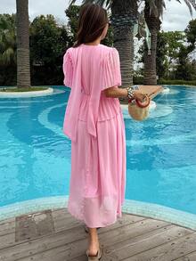 DAZY Vestido elegante con flores 3D de cinta, vestido plisado que ciñe la cintura, vestidos de verano para mujeres, atuendos de vacaciones para mujeres - Rosa - Ver 6