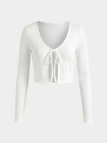 SHEIN PETITE Petite Women's Casual Tie-Front Cardigan, Versatile For Early Spring - White - View 1