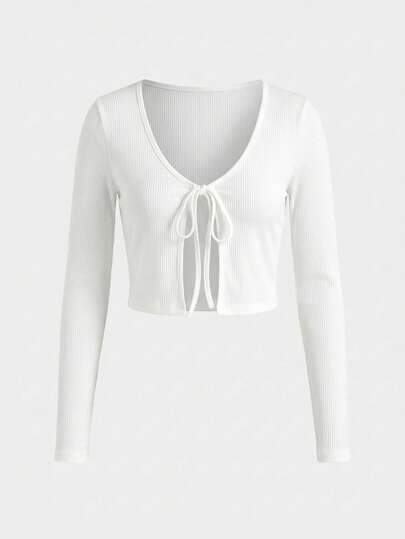 SHEIN PETITE Petite Women's Casual Tie-Front Cardigan, Versatile For Early Spring