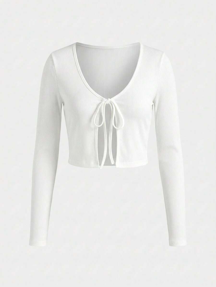 SHEIN PETITE Petite Women's Casual Tie-Front Cardigan, Versatile For Early Spring - White - View 1