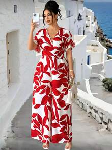 Elenzga Mono de flores rojas con cuello en V, elegante y casual, de estilo retro francés para vacaciones, primavera/verano - Rojo - Ver 1