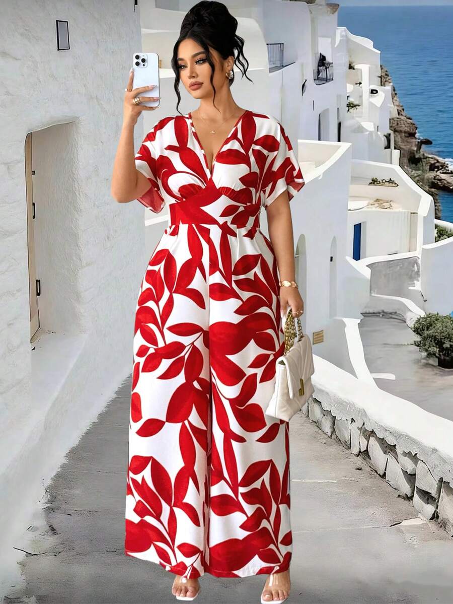 Elenzga Mono de flores rojas con cuello en V, elegante y casual, de estilo retro francés para vacaciones, primavera/verano - Rojo - Ver 1