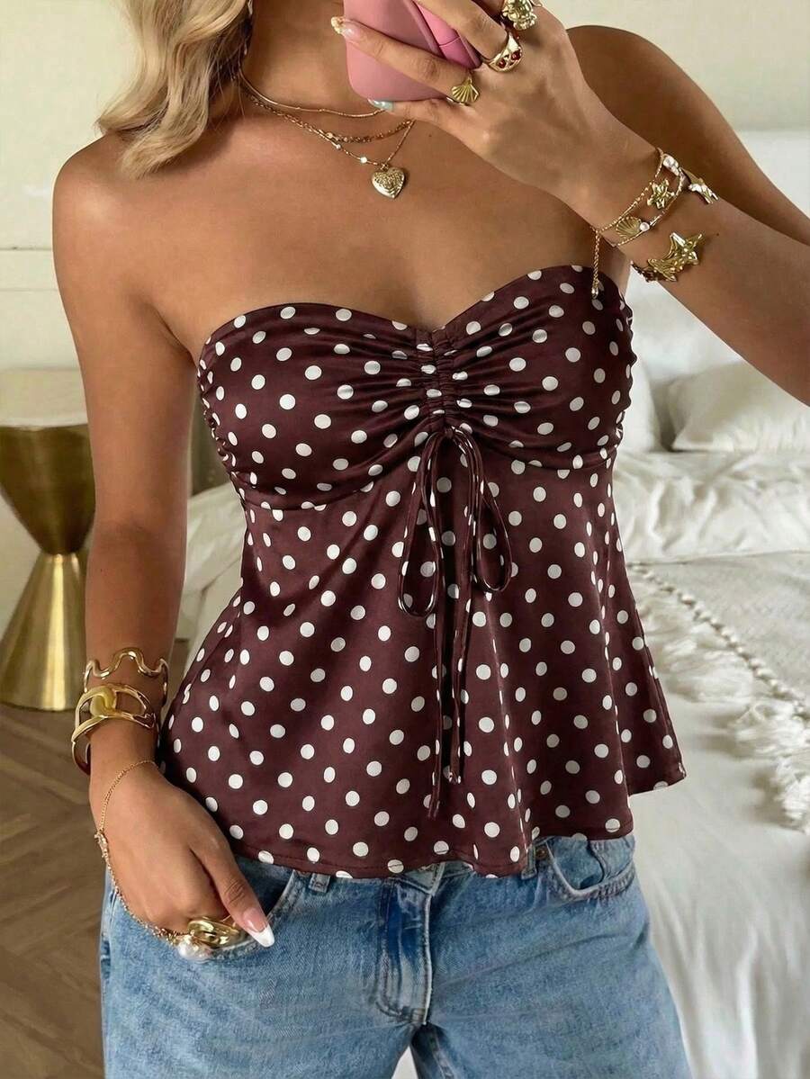 CovetEZ 休闲简约甜美美式波点印花衬衫，适合夏季、度假、返校、大学、派对、海滩和休闲穿着。 - 彩色 - 查看 1