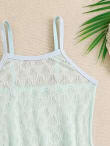 SHEIN 少女薄荷绿贝壳图案针织罩衫，连体泳衣，休闲度假装，适合夏季假期、海滩、泳池、度假派对 - 薄荷綠 - 查看 6