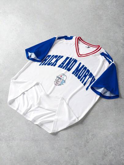 Rick and Morty X SHEIN Men's Casual Colorblock Letter Print Short Sleeve T-Shirt, Summer