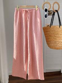 SHEIN EZwear Quần nữ dáng rộng, có dây rút, chất liệu vải sần. - Đỏ - Xem 5