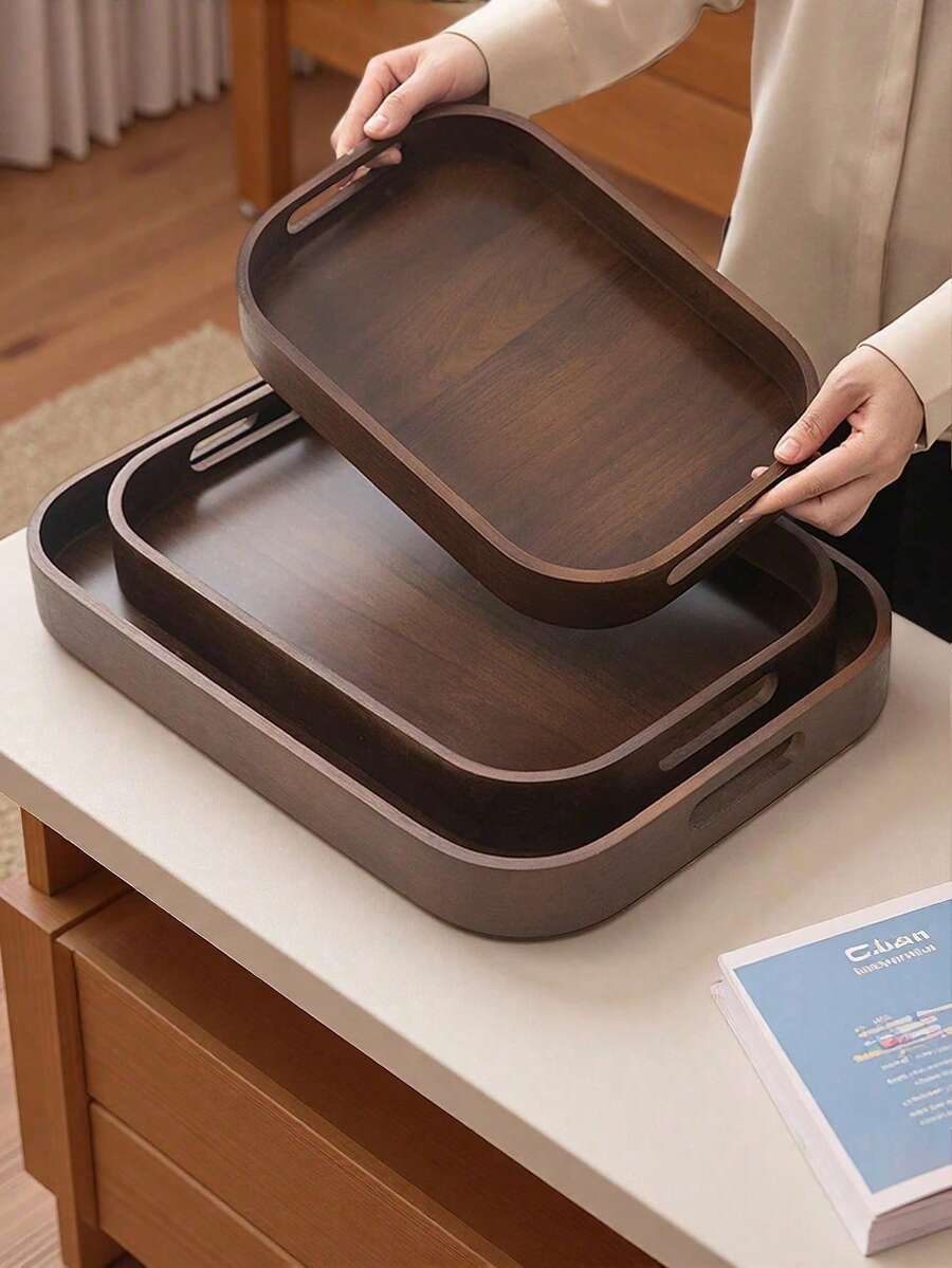 1 Piece, Bamboo Tray 1 Elegant Walnut Colored Bamboo Tray | Art Grid Design, Rectangular Wooden Tray Suitable For Tea, Fruit, Barbecue And Decoration, Perfect For Living Room, Bedroom, Office, Non Food Contact - Brown - View 1