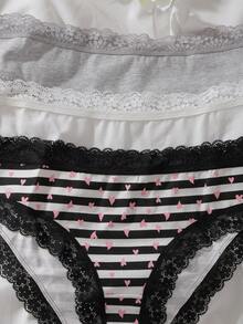 Teen Girl 3pcs Striped & Heart Print Lace Trim Brief - Multicolor - View 3