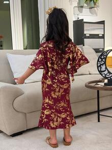 Dazy Kids Girls Elegant Floral Textured Round Neck Mermaid Midi Dress, Summer - Red - View 2