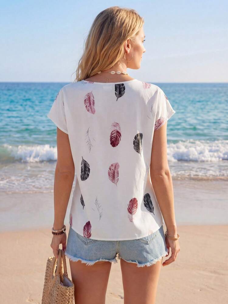 Women's Casual Feather Print Keyhole Neck Blouse, Summer,Casual