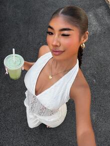 Muchica Women's Floral Lace Deep V-Neck Halter Top - White - View 3