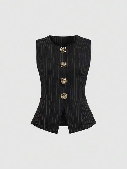 SHEIN Tall Elegant French Style Women's Slim Fit Thin Blazer Jacket With Vintage Metal Button Decor, Versatile For Spring/Summer Commute