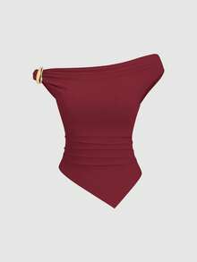 Sweetra 女士夏季欧美时尚纯色三件套，金属装饰扭结下摆不对称下摆修身休闲通勤百搭T恤 - 彩色 - 查看 7