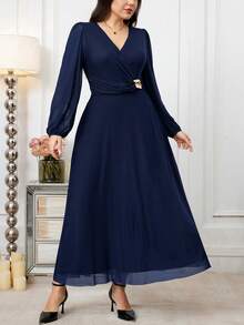 Modelyn Đầm công sở cỡ lớn thanh lịch với chi tiết trang trí kim loại ở eo. - Màu xanh hải quân - Xem 3