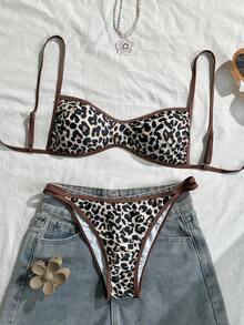 Swim Mod Women's 2pcs Sexy Leopard Print Random Pattern Spaghetti Strap Top And Triangle Bikini Set, Summer - Multicolor - View 1