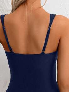 SHEIN Swim 女士纯色高衩性感连体泳衣，适合海滩度假 - 藏蓝色 - 查看 5