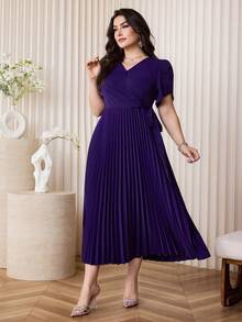 Modelyn Plus Size Elegant Solid Color Pleated Hem Dress, Summer - Purple - View 5