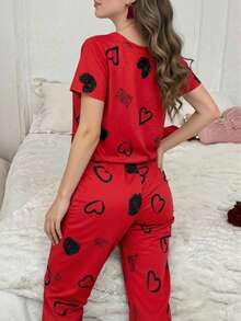 L PAJAMAS SET WITH SHORT SLEEVE TOP AND PANTS WITH HEART AND LETTERS PRINT - Red - View 1