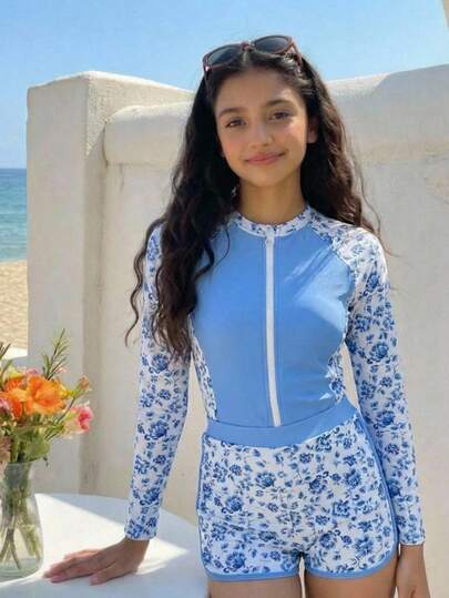 SHEIN 少女新款时尚拼接印花泳衣套装，热带植物印花比基尼泳衣，带防晒衣的长袖泳衣，适合少女穿着。儿童防晒衣两件套泳衣，长袖和短裤带拉链，适合青少年女孩。长袖泳衣套装，带防晒衣的泳裤，儿童泳衣，长袖少女保守泳衣，适合女孩度假穿着的长袖泳衣带短裤。