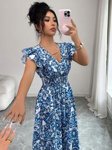 Elenzga 女士新款时尚优雅度假风蓝色碎花V领荷叶袖腰部设计A字长裙，适合通勤、街头风、法式浪漫风、休闲风、中东复古风、下午茶、派对、感恩节、返校季、春夏穿着。 - 藍色 - 查看 3