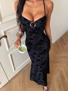 FavEase Black Flocked Ruched Spaghetti Strap Fitted Casual Dress For Women, Spring/Summer - Black - View 1