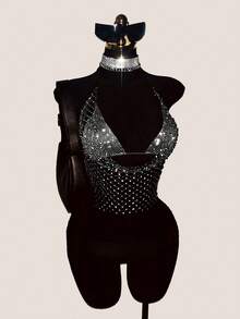 EgrlEra Top corto sexy con escote halter y adornos de strass calados para mujer - Negro - Ver 4