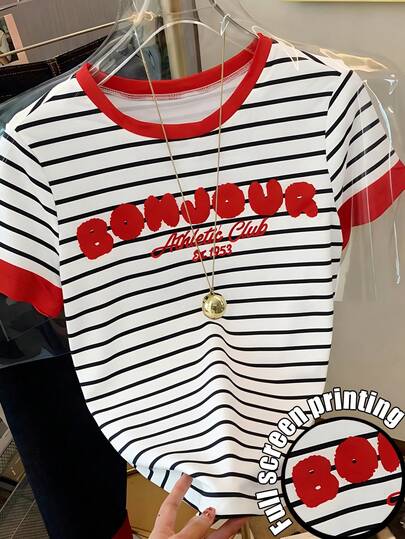 Resyla Camiseta de mujer de manga corta con cuello redondo, estampado de letras y rayas, de estilo casual para el verano