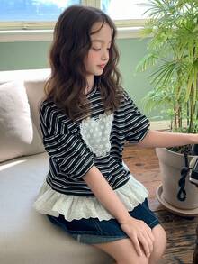 DAZY Tween Girls Round Neck Knit Striped Contrast Lace Trim Short Sleeve T-Shirt, Fall - Black and White - View 4