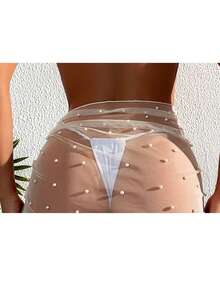 Swim Vcay Summer Beach Pearls Beaded Knot Side Sheer Mesh Cover Up Skirt - Beige - View 3