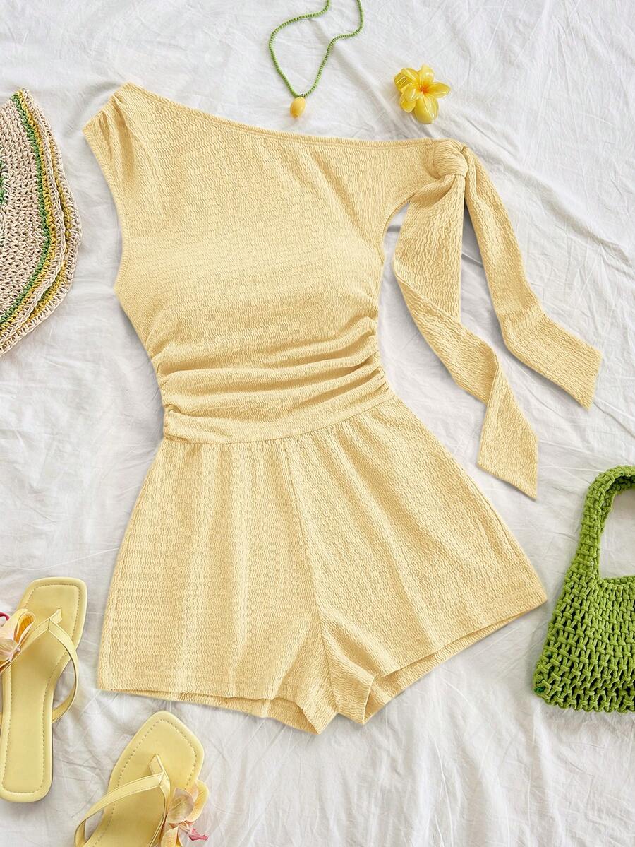 Soleia Bộ jumpsuit màu vàng nhạt gợi cảm với thiết kế bất đối xứng, dây buộc vai, thích hợp cho các bữa tiệc, kỳ nghỉ, lễ hội âm nhạc, phong cách boho, du lịch, và buổi hẹn trà chiều. - Màu vàng ngỗng - Xem 1