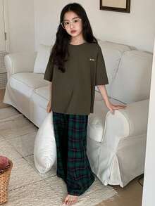 Dazy Kids 少女字母印花圆领短袖上衣和格子阔腿裤休闲家居服睡衣套装（夏季款） - 軍綠色 - 查看 6