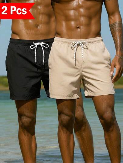 Manfinity Swimmode Men Solid Color Drawstring Beach Shorts, Suitable For Beach Vacation Or Swimming Pool Wear (2 Pieces In Pack)