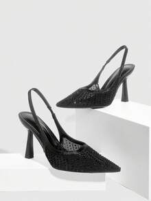 CUCCOO SZL Tacones altos de punta fina para mujer, con malla negra, adornados con rhinestones, de estilo glamoroso y sexy para fiestas y ocasiones especiales, con correa para el tobillo - Negro 1 - Ver 3