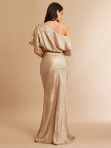 Silquee 女士金属质感不对称肩部修身连衣裙 - 金色 - 查看 2