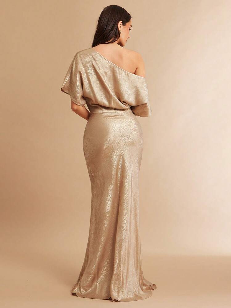 Silquee This Women's Metallic Asymmetrical Off-The-Shoulder Dress Is Perfect For Spring And Summer, Making It An Ideal Choice For Wedding Bridesmaids, Beach Vacations, Date Nights, Parties, And Dances. The Fitted Bodice And Elegant, Sexy Silhouette Perfectly Embody The Essence Of Spring And Summer, Exuding A Refined And Charming Aura. Its Luxurious Vintage Style Makes It A Perfect Choice For Spring And Summer. Suitable For Afternoon Tea, Casual Parties, And A Variety Of Other Occasions. Champagne Evenin - Gold - View 2