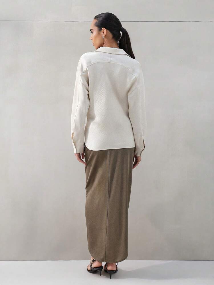 KSTM Elegant Draped Wrap Midi Skirt With Side Slit Detail For Women Office Casual Wear Fall Winter
