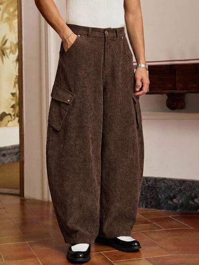 SWAVVY Casual Ribbed Curved Knife Men's Pants Men Baggy Pants Men Oversized Pants Brown Corduroy Pants Men Brown Cargo Pants Men Brown Wide Leg Pants Men Baggy Cargo Pants Wide Leg Cargo Pants