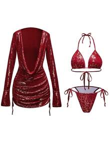 Swim SXY 3pcs Women's New Leopard Print Halter Swimwear Top, Side Tie Swimwear Bottoms, And Long Sleeve Cover Up Dress Swimwear Set - Multicolor - View 7